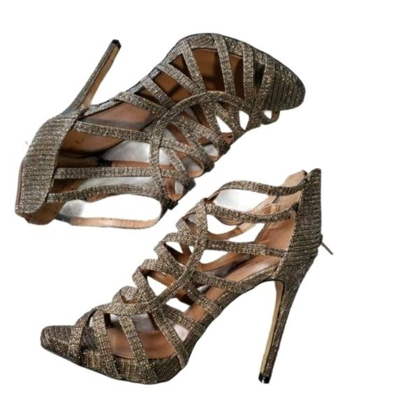 EXPRESS Womens‎ Heels SZ 8 Stiletto Sparkle Glitter Gold Zipper Strappy Open Toe - Picture 3 of 13